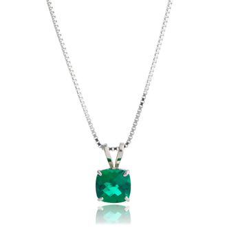 MAX + STONE 14k White Gold 8mm Cushion Cut Gemstone Pendant Necklaces with 18 inch Box Chain