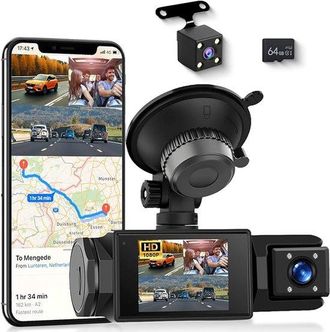 OEM C&aacute;mara De Salpicadero Wifi Para Coche: C&aacute;mara Inal&aacute;mbrica De 3 Canales Con Aplicaci&oacute;n, Full Hd 1080p, Pantalla Ips De 2, Tarjeta 64 Gb Incluida
