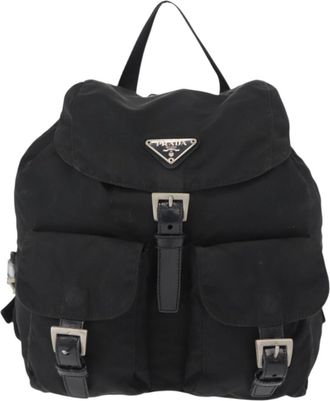 Prada Vela Double Front Pocket Backpack Tessuto With Saffiano Leather Black Nylon Backpack Bag (Pre-Owned)
