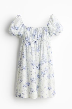 H&M Babydoll-Kleid mit Puff&auml;rmeln - Cremefarben/Gebl&uuml;mt