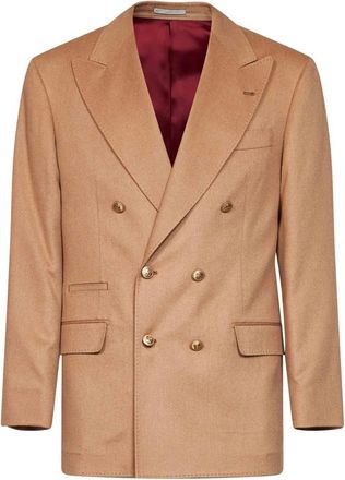 Brunello Cucinelli Jassen, Heren, Bruin, M, Dubbelrijige Blazer van Kamelenhaar
