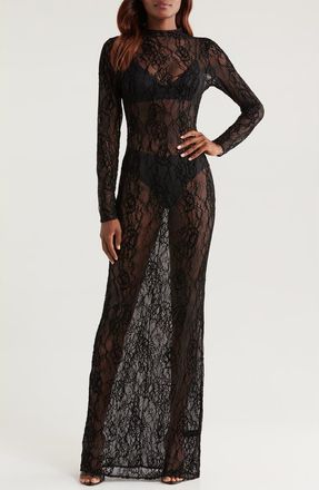 Good American Sheer Lace Long Sleeve Stretch Gown in Black001 at Nordstrom, Size X-Large