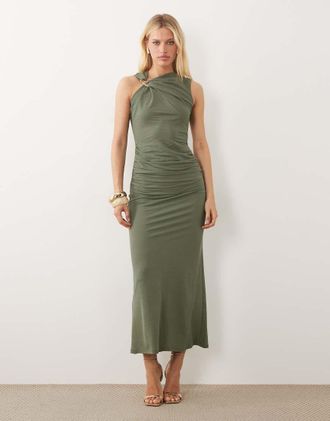 Asos Vestito midi senza maniche arricciato kaki con finiture-Verde
