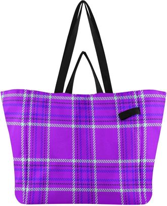 Generic Plaid Purple print Reusable Canvas Tote Bag, Heavy Duty Grocery Shopping Bag with Double Handles Large Capacity Hard Bottom Work Groceries Travel