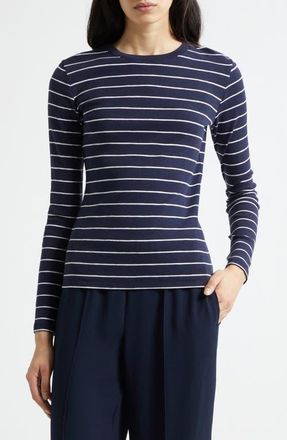 Vince Stripe Long Sleeve Cotton & Modal Crewneck Top in Twilight Navy Combo at Nordstrom, Size Xx-Small
