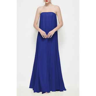 The Dessy Group Silvie Strapless Lux Chiffon Trapeze Gown in Cobalt Blue at Nordstrom, Size 14