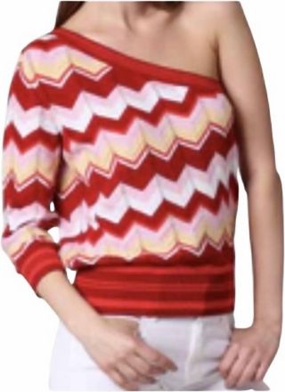 Minnie Rose Chevron One Shoulder Top In Red Multi Combo