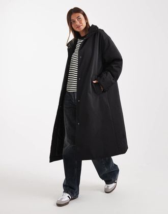 Asos Giacca imbottita taglio lungo nera liscia-Nero