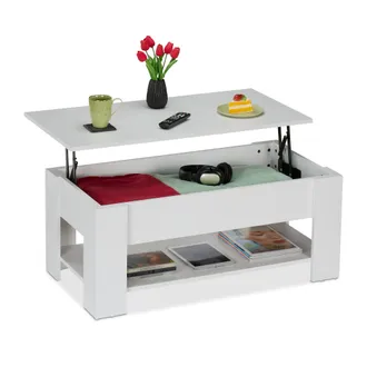 Relaxdays Relaxdays - Mesa De Centro Elevable, Mesita Sof&aacute; Con Almacenaje Y Balda, Mesilla Sal&oacute;n, 42x98x50 Cm, Blanco