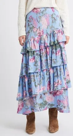 Treasure & Bond Floral Tiered Ruffle Maxi Skirt in Blue Garden Floral at Nordstrom Rack, Size X-Small
