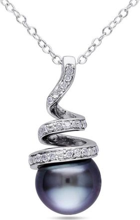 Amour 8 - 8.5 Mm Black Tahitian Cultured Pearl and 1/10 CT TW Diamond Spiral Pendant with Chain In Sterling Silver