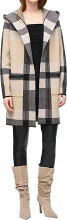 Joseph Ribkoff Brushed Jacquard Sweater Cover Up Hoodie In Black/oatmeal Melange/grey