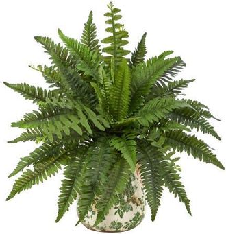 Nearly Natural 15-in Boston Fern Artificial Plant with Tuscan Ceramic Green Scroll Planter at Nordstrom