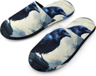Generic Raven And Moon Flannel Mens Slip-on Slippers Winter Warm House Shoes with Rubber Sole for Home Hotel