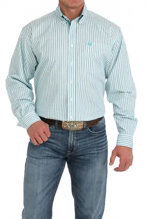 Cinch Stretch Stripe Button Down Classic Shirt In White/turquoise