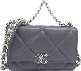 Chanel Gray Leather Chain/Shoulder Wallet (Pre-Owned)