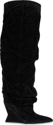 Balmain Su&egrave;de Leren Wedge Laarzen Tot Boven de Knie - Dames - Sleehakken - Zwart - 40 EU - Su&egrave;de - Schoenen