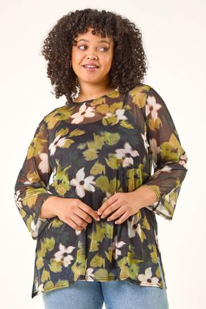 Roman Floral Print Mesh Top