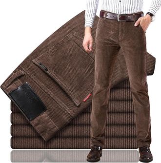Generic Mens Classic-Fit Corduroy Pant, Fall Winter Casual Pleated Pants,Stylish & Comfortable Hidden Extra, Straight Trousers (Brown,31)