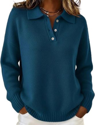 Generic Miss Classic Polo Neck Button-Down Solid Color Sweater Top, Knit Button Shirt V Neck Knitted Fall Winter Tops (Dark Blue,M)
