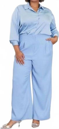 Skies Are Blue Clothing Shirred Sleeve Blazer And Wide Leg Pant Suit Set In Dusty Blue