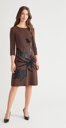 Ming Wang A-Line Botanical Applique Knit Dress in Dark Umber/black at Nordstrom, Size 1 X