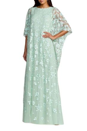 Mac Duggal Sequin Floral Cape Sleeve Caftan Gown in Seafoam at Nordstrom, Size X-Large