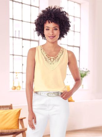 Heine Spitzentop HEINE, Damen, Gr. 34, gelb (zitrone), 100% Baumwolle, Spitze:100% Baumwolle, unifarben, Rundhals, Tops Spitzentop