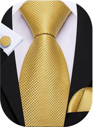Barry.Wang Mens Gold Tie Silk Solid Color Necktie Pocket Square Cufflinks Set Formal Wedding