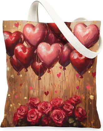 Generic Valentines Hearts Canvas Tote Bags, Floral Design Reusable Grocery Bags, Lightweight Washable Shoulder Strap Canvas for Shopping Travel 13x15 Inch