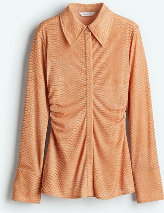 H&M Meshbluse mit Volants - Beige/Schlangenmuster