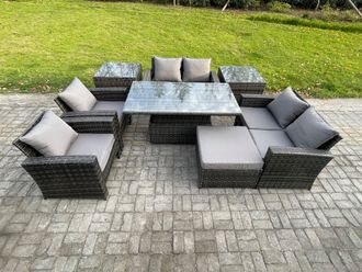 Fimous Rattan Garden Furniture Sets Patio Outdoor Rising Lifting Table Sofa Set with Double Seat Sofa 2 Side Tables Big Footstool in Dark Grey