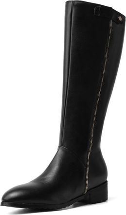 Generic Womens Knee High PU Leather Look Riding Boots Round Toe Block Heels Side Zipper Comfortable Durable Slip Resistant Casual Office Party Daily Shoes,Bla