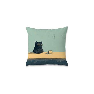 OEM Funda De Almohada De Gato Negro De 18x18, Hermosa Funda De Almohada Con Decoraci&oacute;n Art&iacute;stica De Gato Negro, Decoraci&oacute;n Retro De Gato Tomando Caf&eacute;, Ade