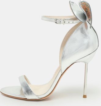 Sophia Webster Metallic Silver Leather Maya Crystal Embellished Bow Ankle Strap Sandals