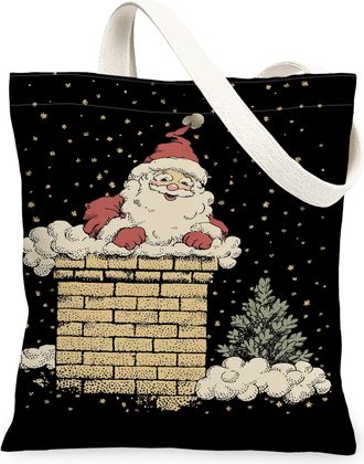 Generic Christmas Santa Canvas Tote Bags, Festive Holiday Design Reusable Grocery Bags, Lightweight Washable Shoulder Strap Canvas for Outdoor Travel Beach Pi