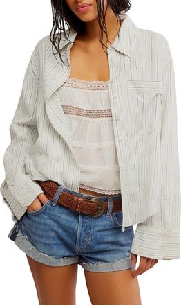 Free People Laurel Linen Blend Button-Up Shirt in Ivory Combo at Nordstrom, Size X-Large