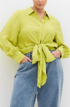 City Chic Rosa Tie Hem Button-Up Shirt in Chartreuse at Nordstrom, Size Xxxs