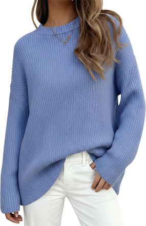 PrettyGarden Womens Fall Sweater 2025 Casual Chunky Crewneck Long Sleeve Ribbed Knit Oversized Pullovers Sweaters Tops, Blue, M