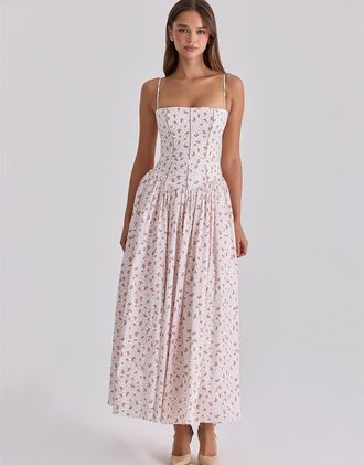 House of CB Ysabella - Prendisole midi in cotone bianco con stampa di rose