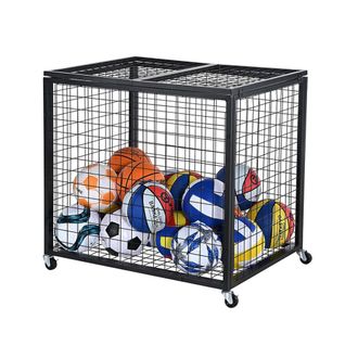 Relaxdays Relaxdays Carrito Para Balones Negro, 4 Ruedas Con Freno, 81,5x85x66 Cm, Con Cerradura, Jaula F&uacute;tbol/baloncesto