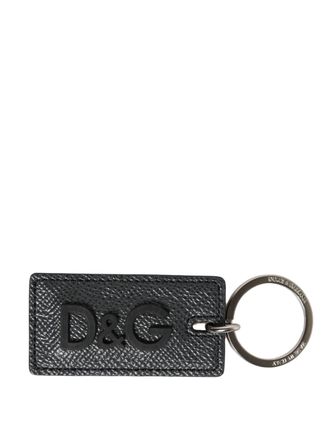 Dolce & Gabbana Womens Black Calf Leather D&g Logo Metal Ring Keyring Keychain | Silver