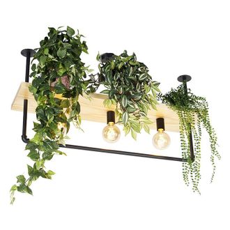 QAZQA Qazqa Industrial Plaf&oacute;n Industrial Negro Con Madera 3 Luces - Shelf /acero Rectangular /alargada Adecuado Para Led Max. 3 X 60 Watt