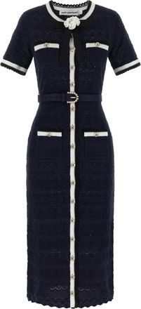 Self Portrait Pointelle Gebreide Midi Jurk - Dames - Kleedjes - Blauw - L - Katoen - Kleedjes
