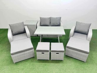 Fimous 8-seater Patio Rectangular Table Sofa Set with Side Table 4 Stools in Light Grey