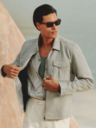 Reiss Belle Jacket Suede Plain, Soft Blue Size: L