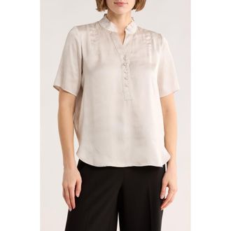T Tahari Ruffle Split Neck Short Sleeve Top in Tranquil Taupe at Nordstrom Rack, Size X-Small