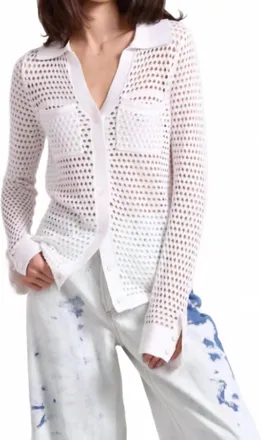 Minnie Rose Plaited Mesh Button Down Top In White/white