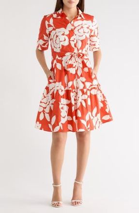 Calvin Klein Floral Short Sleeve Cotton Shirtdress in Ginger/Cream at Nordstrom Rack, Size 6