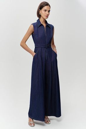 Exquise Keith Sleeveless Front Zipper Belted Denim Jumpsuit in Blue at Nordstrom, Size X-Large